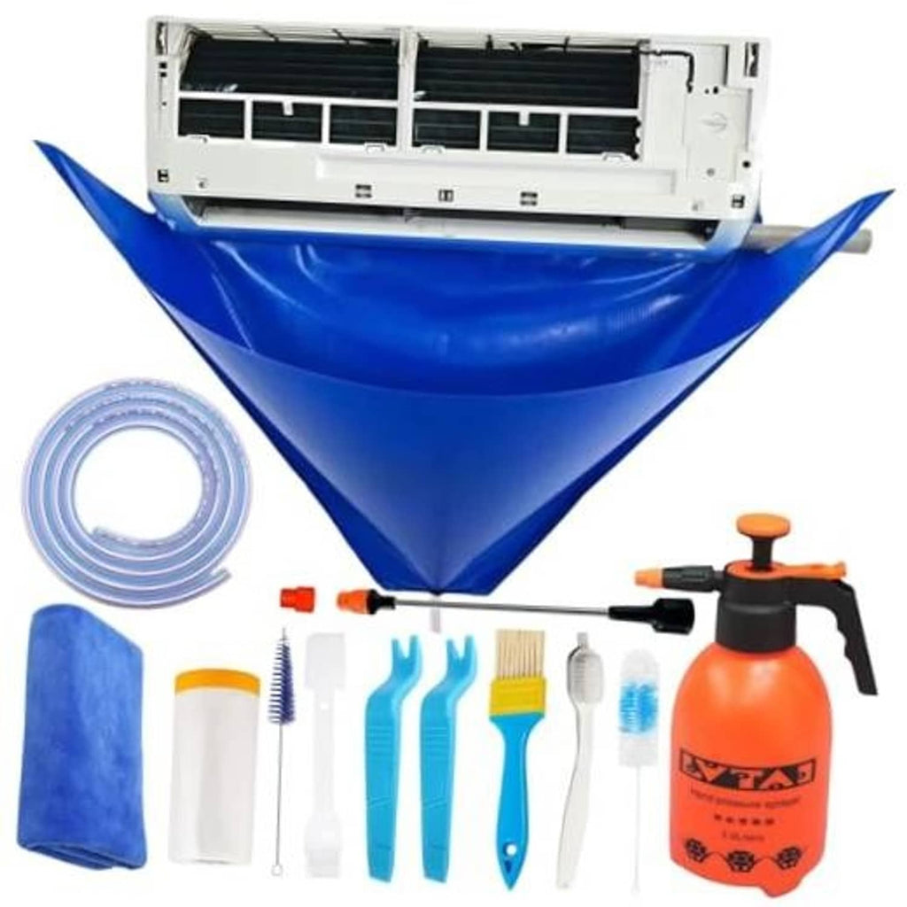 Blue mini-split cleaning funnel bag with 2L sprayer and cleaning brushes