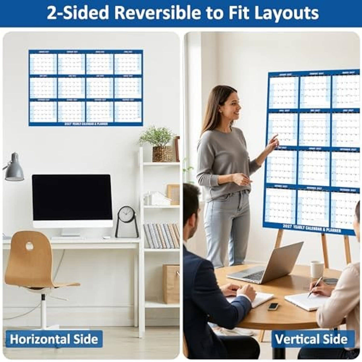 Reversible 2027 wall calendar showing horizontal and vertical layout sides