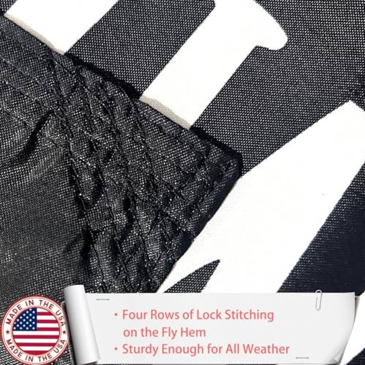 Close-up of flag fly hem with lock stitching and black nylon fabric edge