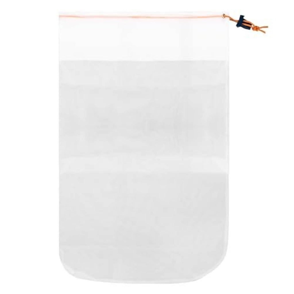 White fine debris bag with orange cord drawstring and clasp ends