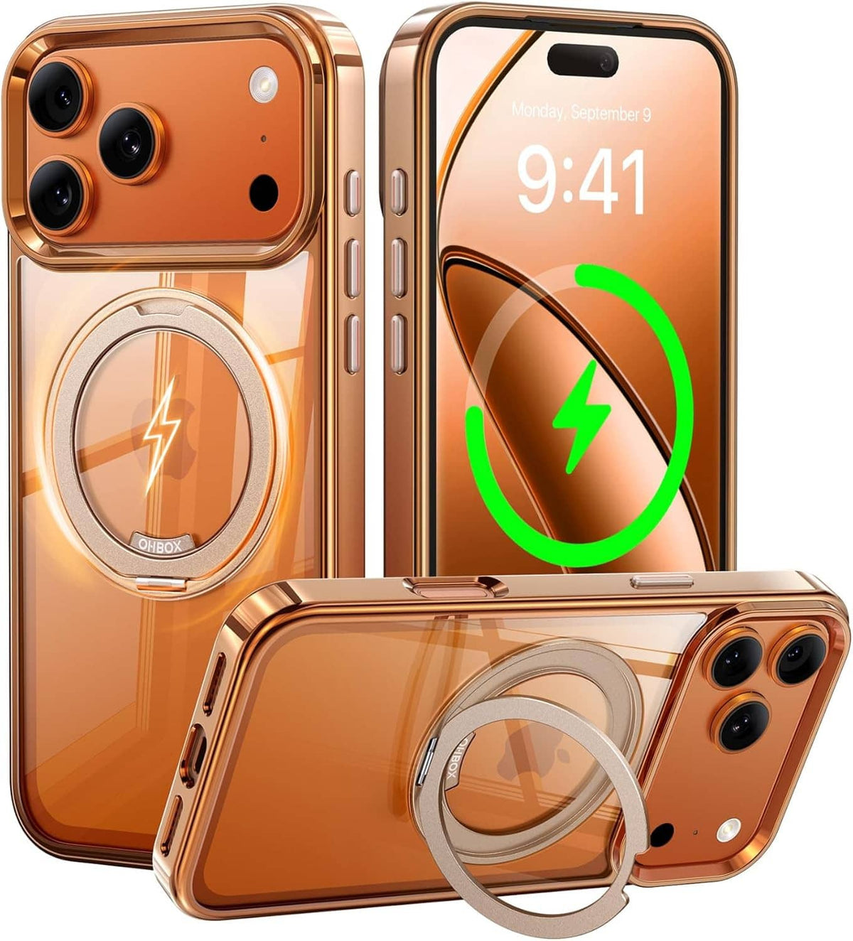 Orange iPhone 17 Pro Max case with magnetic ring stand, dual view, clear bumper edges