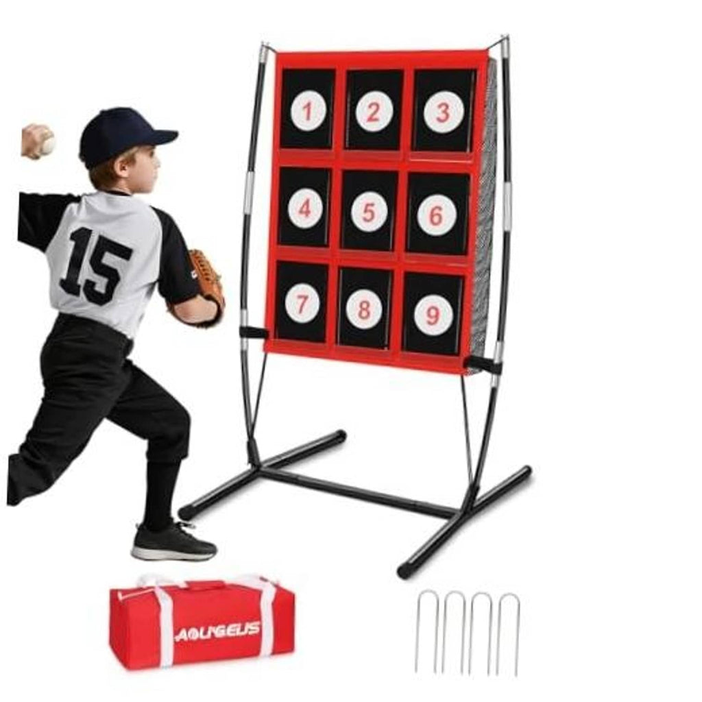 Baseball pitching target net with 9 numbered pockets on a red-and-black frame stand.