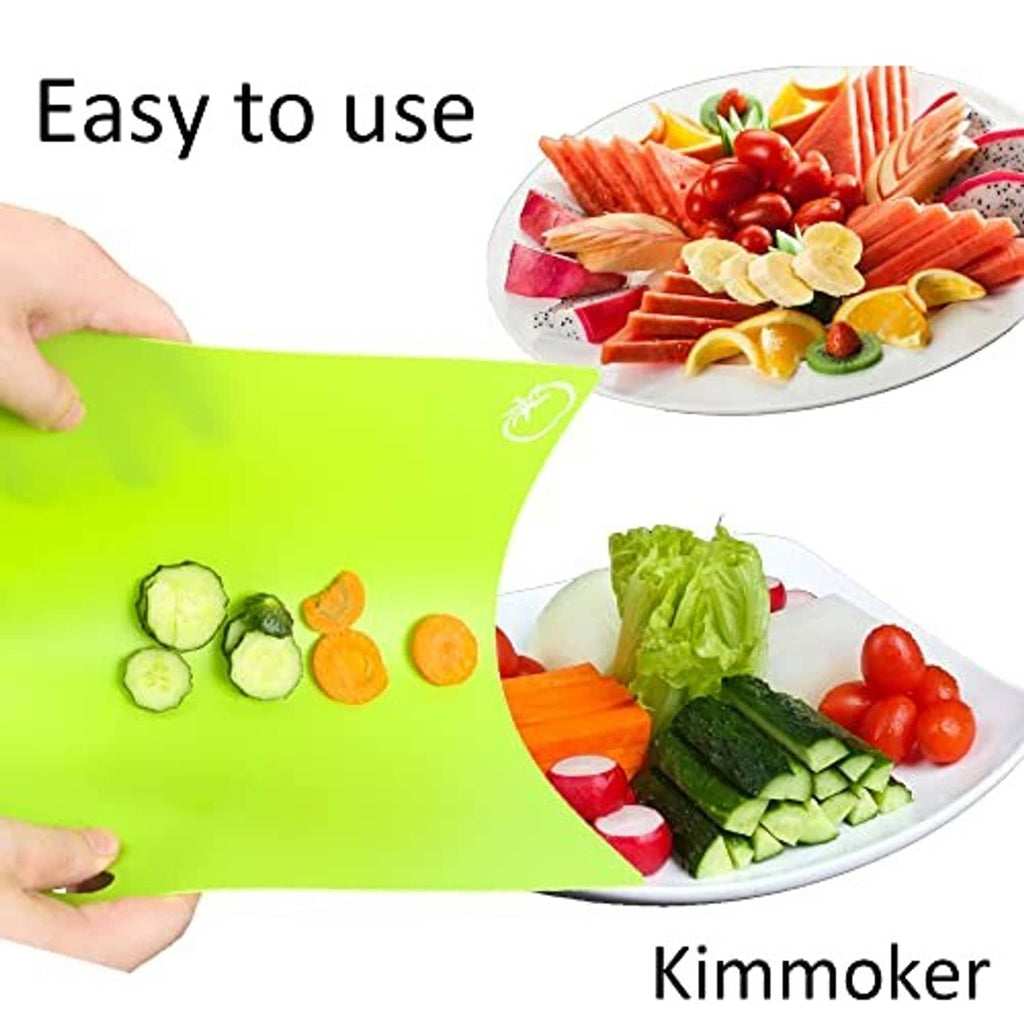 Green flexible cutting board mat for prep, with non-slip surface and chopped vegetables