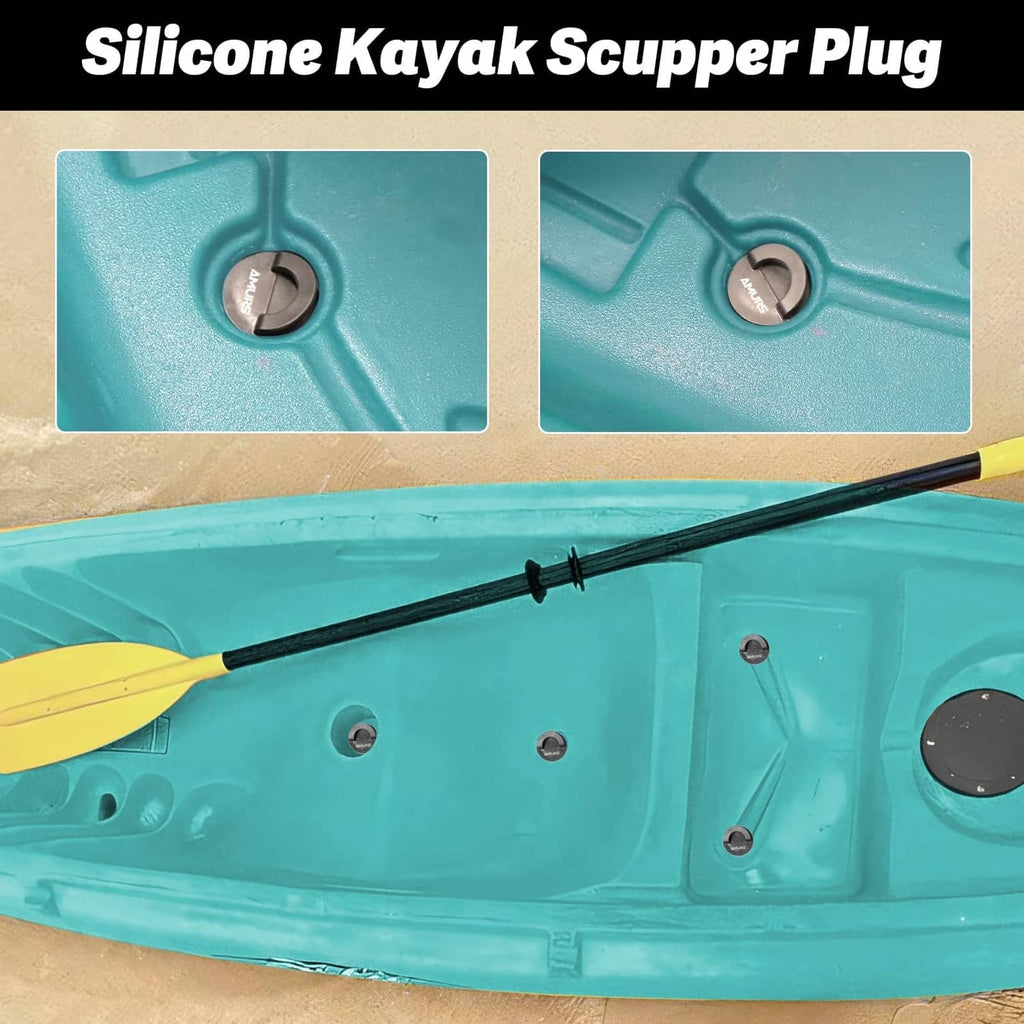 Black scupper plug sealing a kayak scupper drain hole on the deck