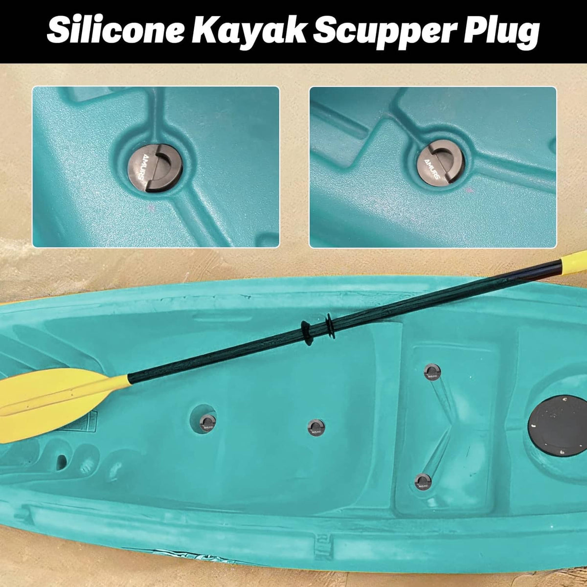 Black scupper plug sealing a kayak scupper drain hole on the deck