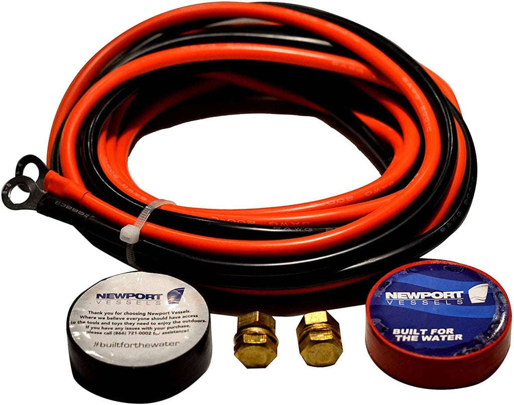 Coiled red and black battery extension cable with two gold ring terminals and end caps.