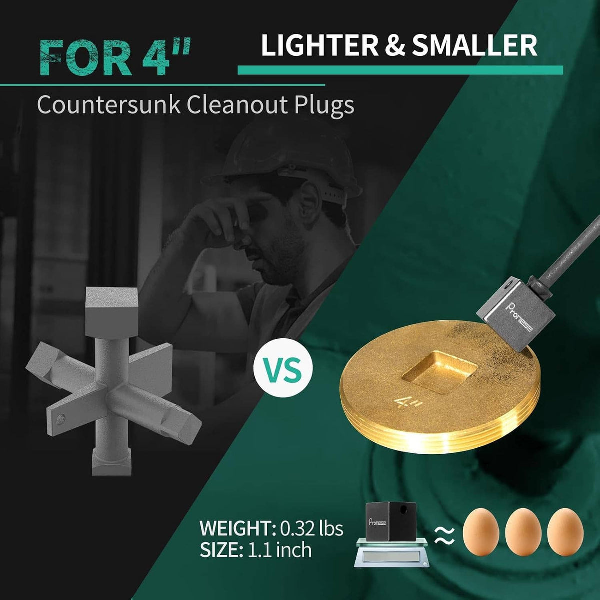 Compact cleanout plug wrench and countersunk cleanout plug shown for 4-inch use