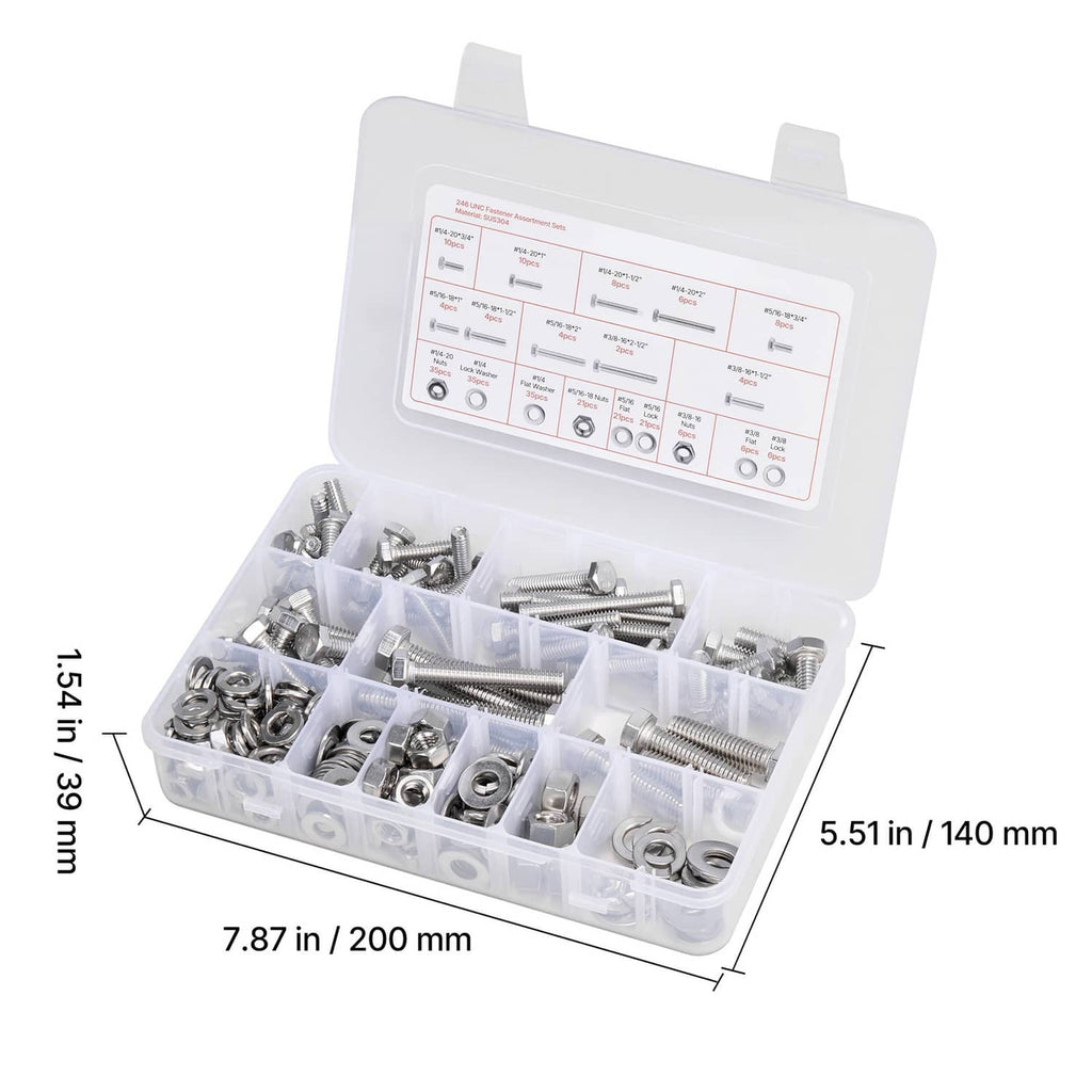Stainless steel bolt and nut assortment kit with open compartment storage box