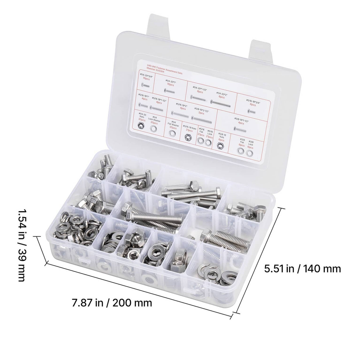 Stainless steel bolt and nut assortment kit with open compartment storage box