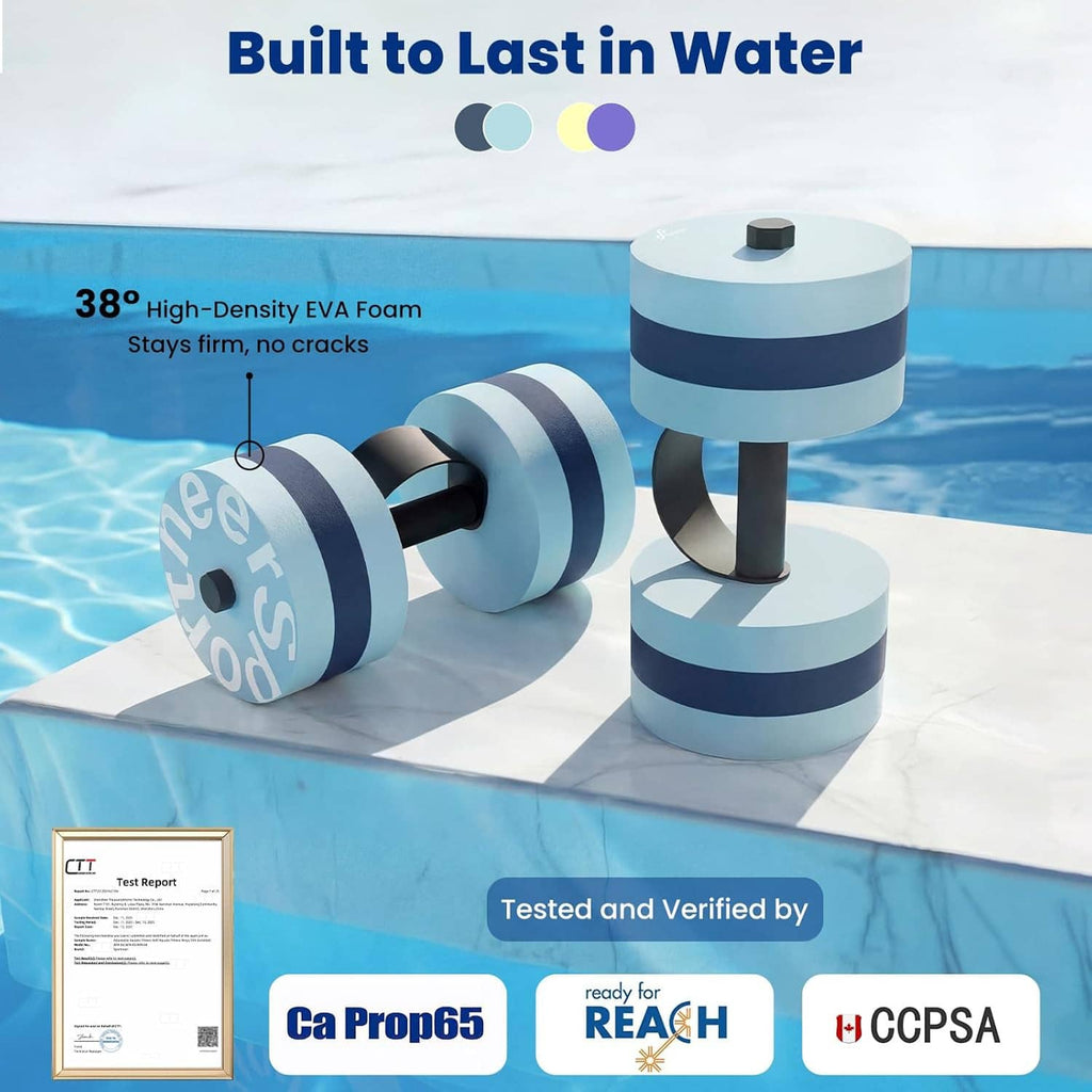 Water fitness dumbbell set with EVA foam discs, central handle, and flat support stand