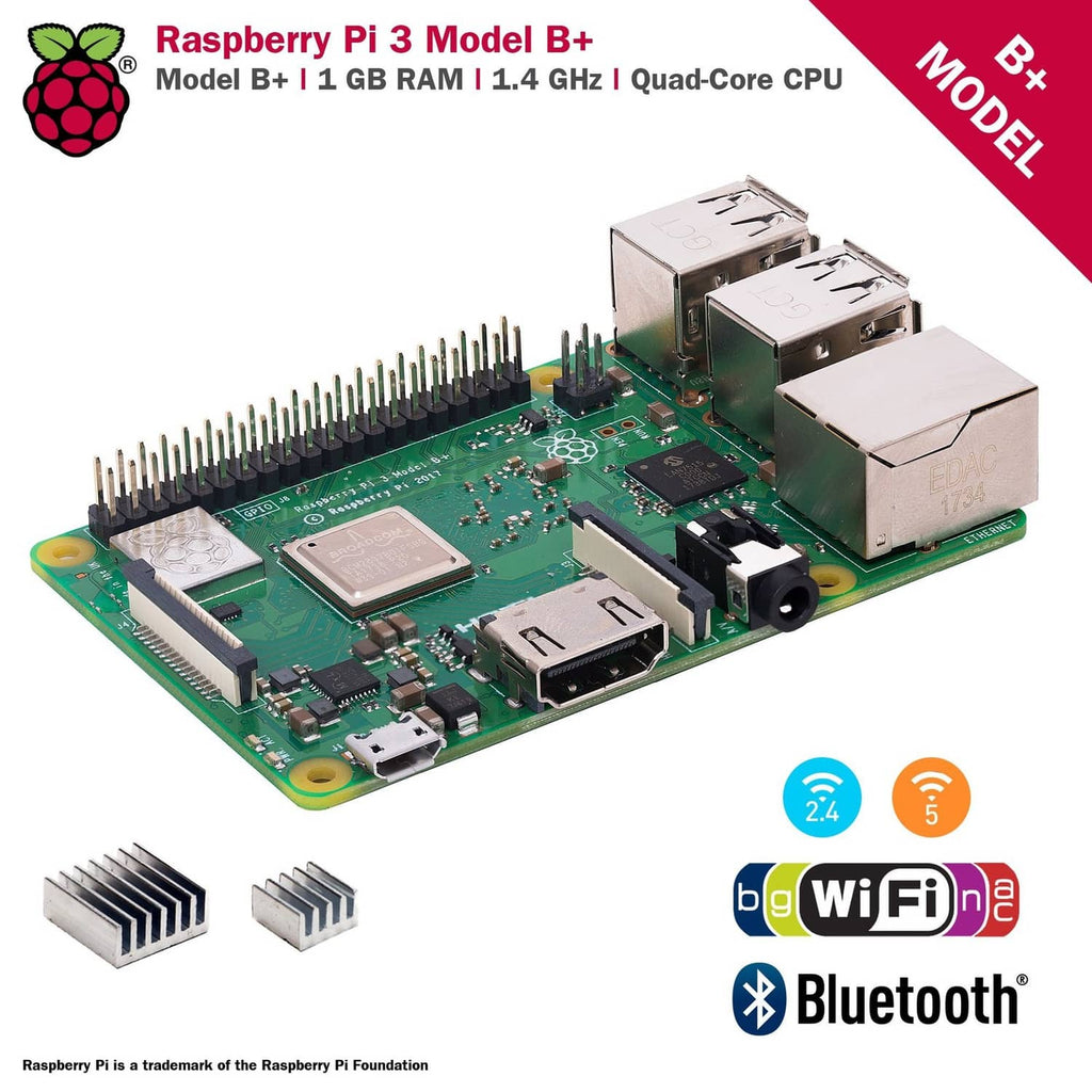 Raspberry Pi 3 B+ single-board computer with ports, GPIO header, and heatsinks