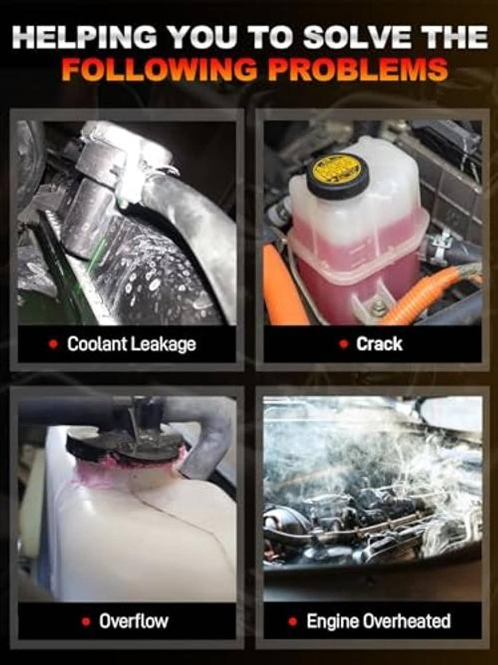 Engine coolant reservoir tank with cap, labeled to address coolant leak and overheating.