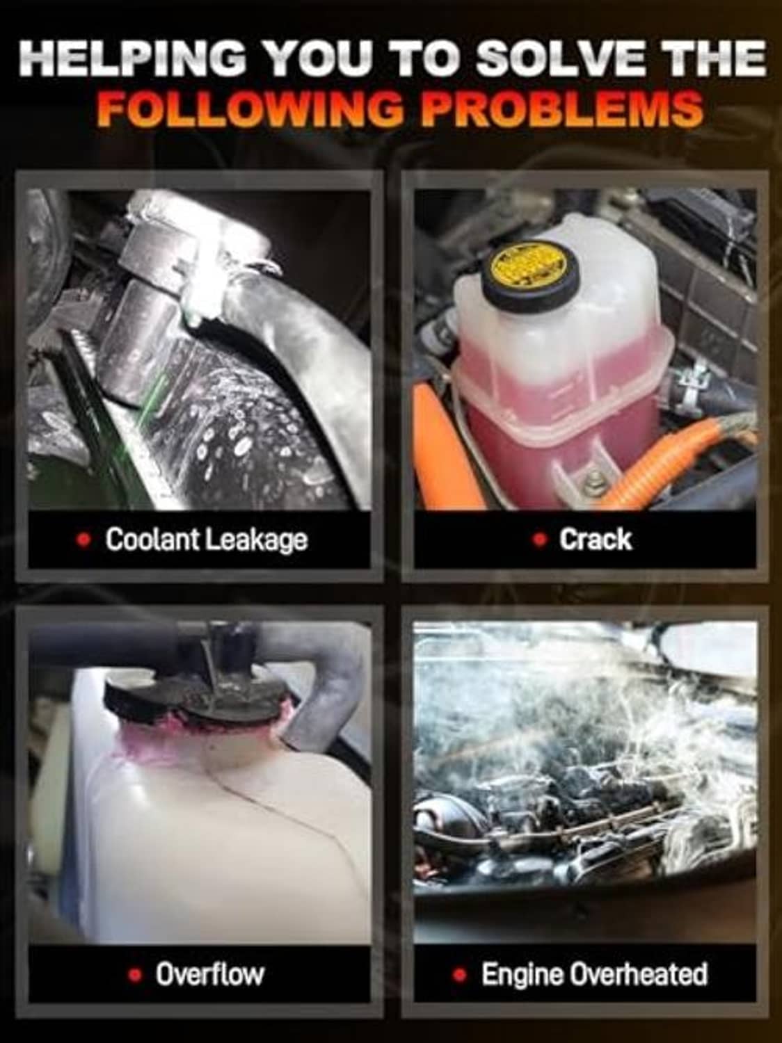 Engine coolant reservoir tank with cap, labeled to address coolant leak and overheating.