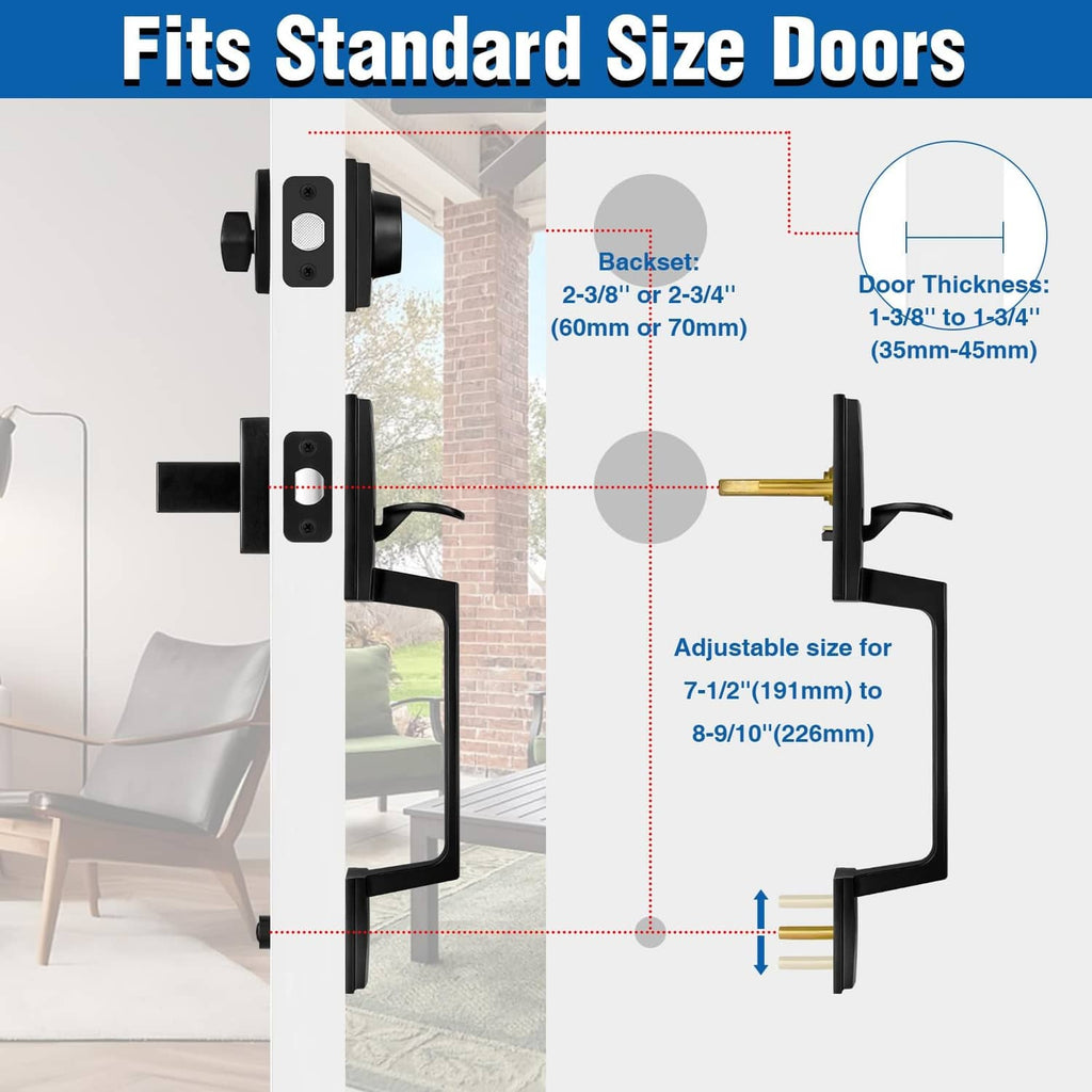 Matte black door handle and deadbolt set on standard door, side view