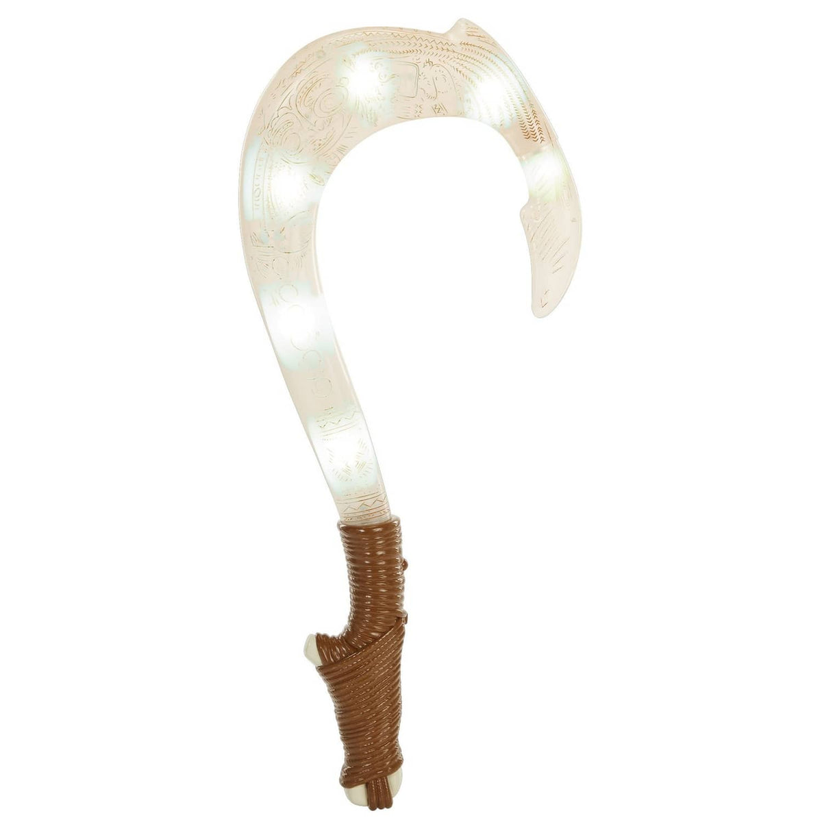 Magical fish hook toy with silvery light-up curved blade and brown grip