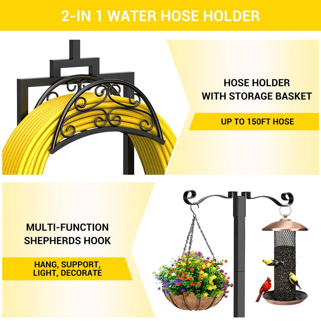 Black 2-in-1 hose holder with arched cradle and two shepherd hooks