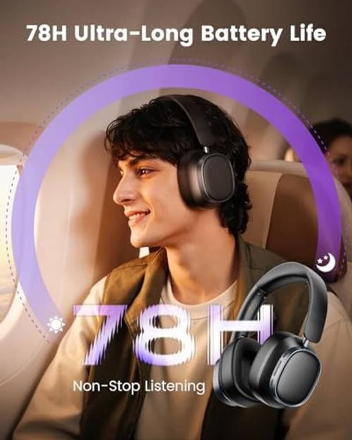 Person wearing black over-ear wireless noise-cancelling headphones