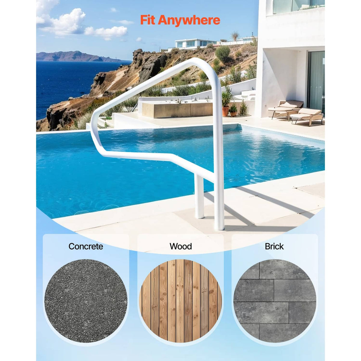 Milky white stainless steel pool handrail with curved top and side supports