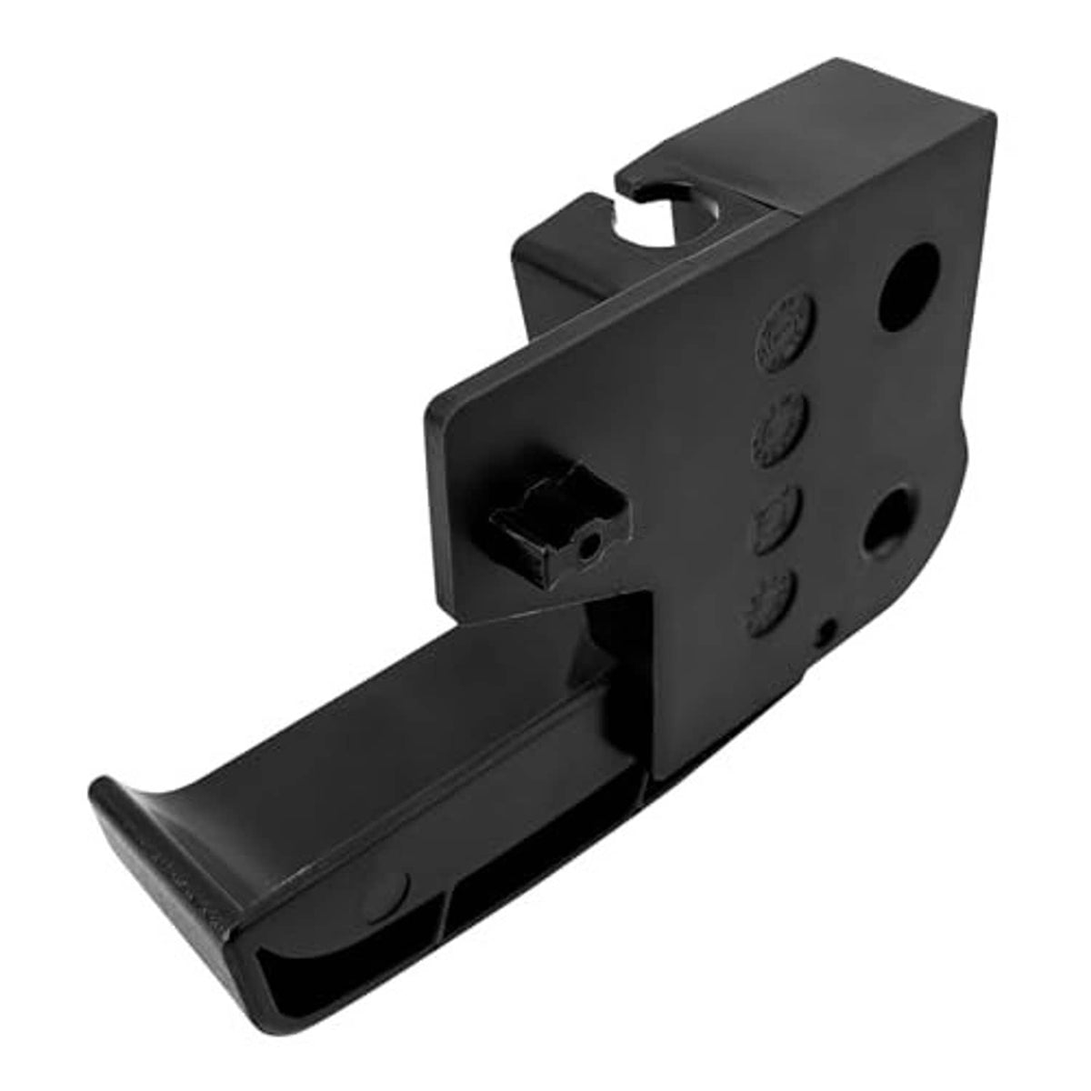 Black ABS hood release handle bracket with mounting holes and lever slot
