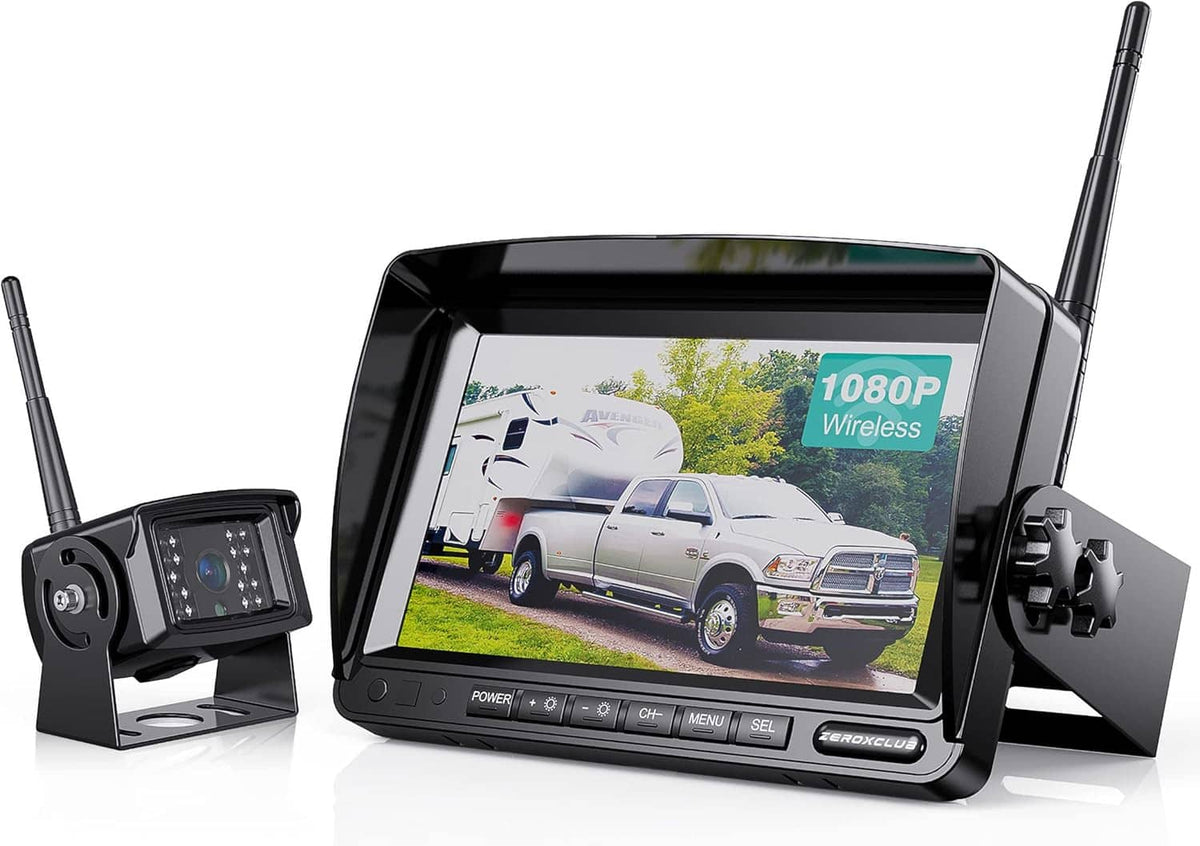 Wireless backup camera system with 1080P monitor, wireless camera unit, and antennas