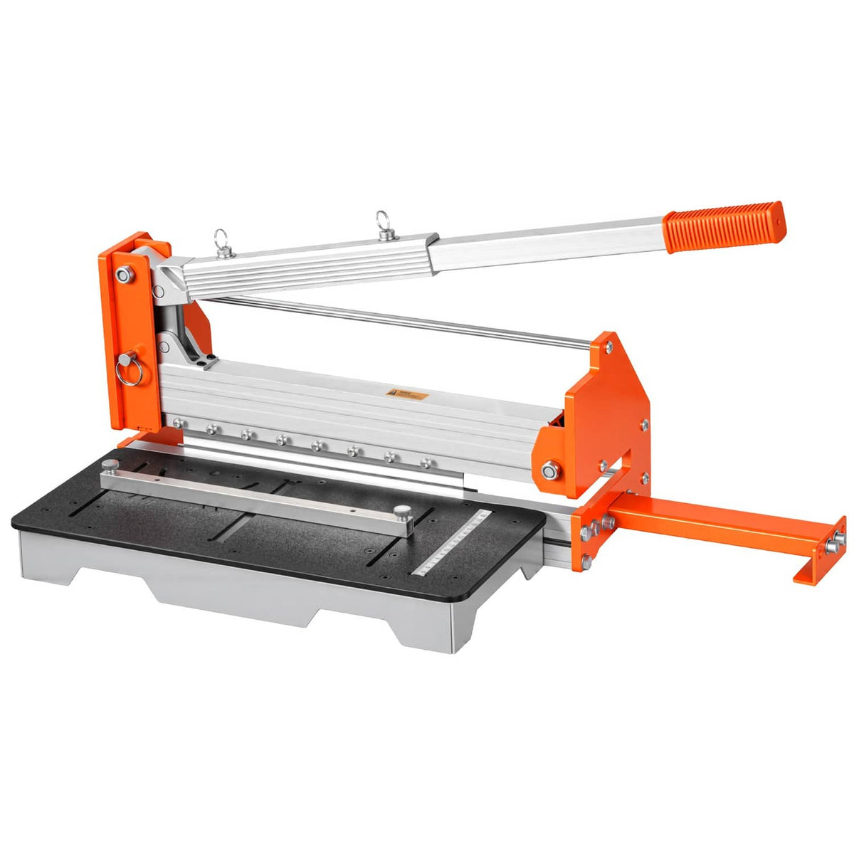 12 in vinyl flooring cutter with orange frame, silver rails, and black cutting base