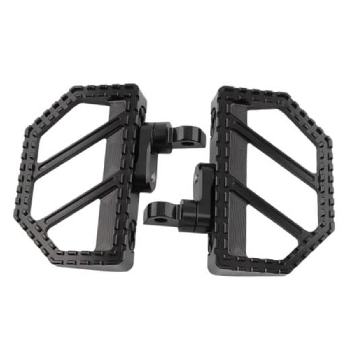 Adjustable black motorcycle floorboard foot pegs with textured grip plates