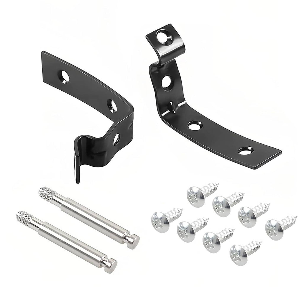 Black metal glove box hinge repair bracket kit with screws and bolts