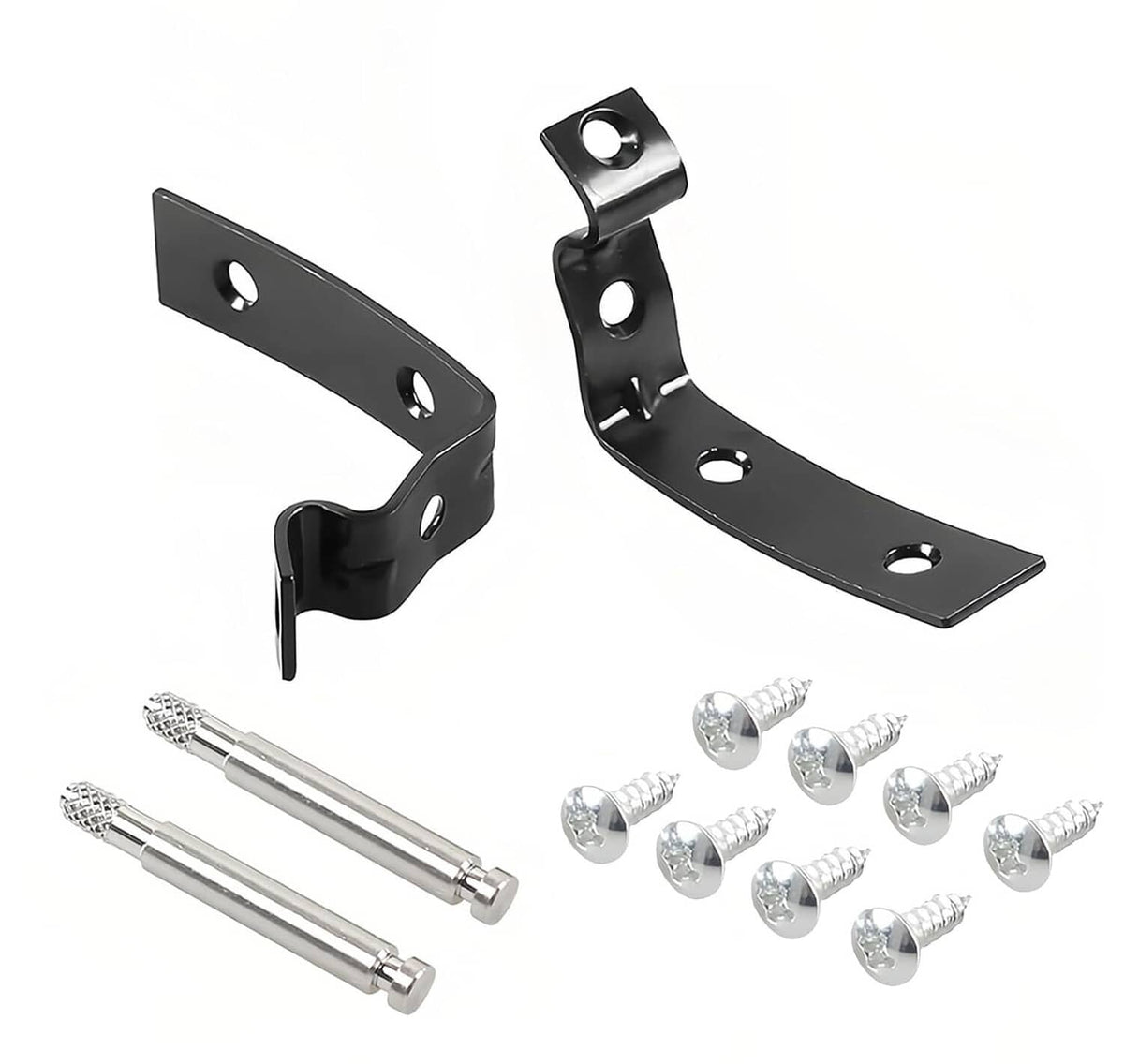 Black metal glove box hinge repair bracket kit with screws and bolts