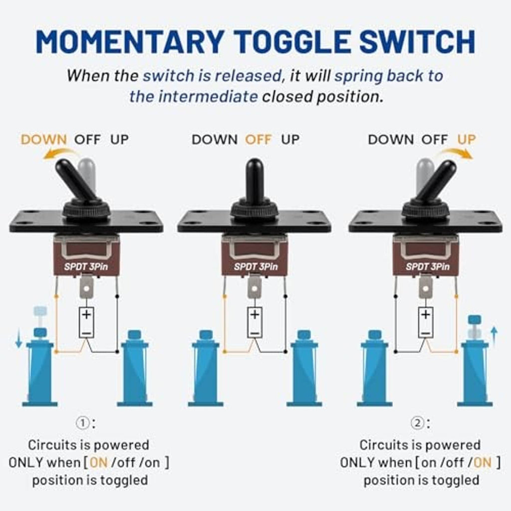 Momentary toggle switch, black lever with DOWN/UP positions and SPDT 3-pin diagram