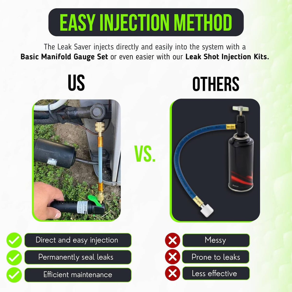 Leak Saver direct injection method infographic: direct seal vs messy, less effective