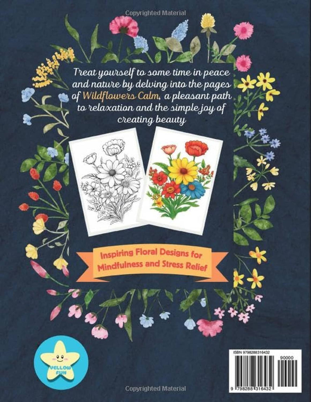 Adult coloring book back cover with floral sample pages, quote, and barcode