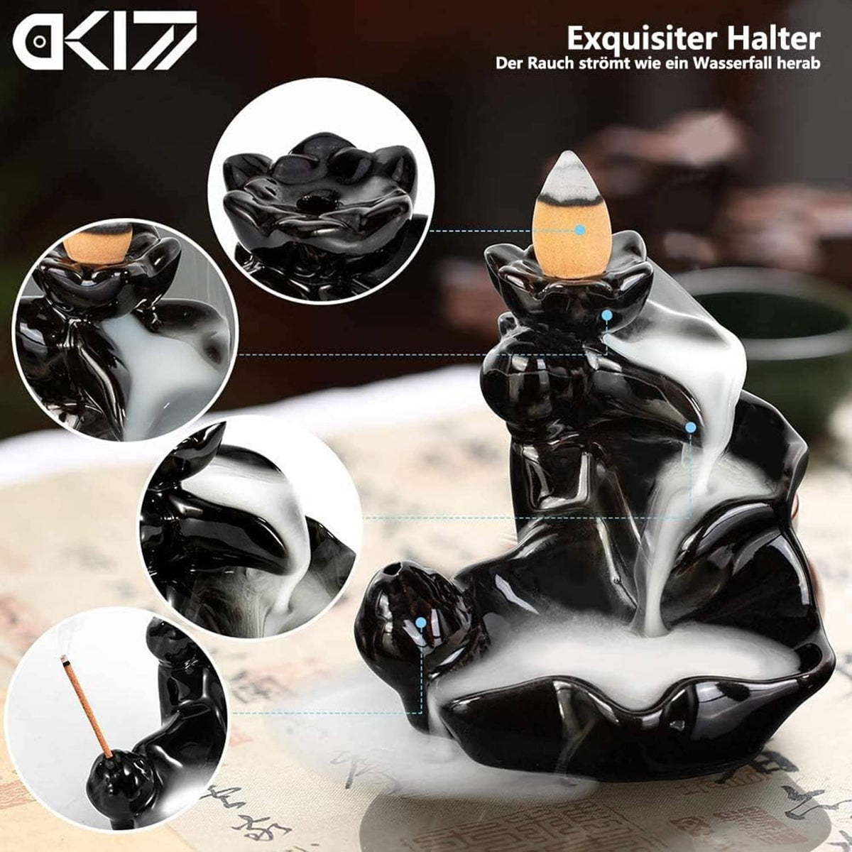 Glossy black ceramic backflow incense holder with cone, showing waterfall-like smoke flow effect