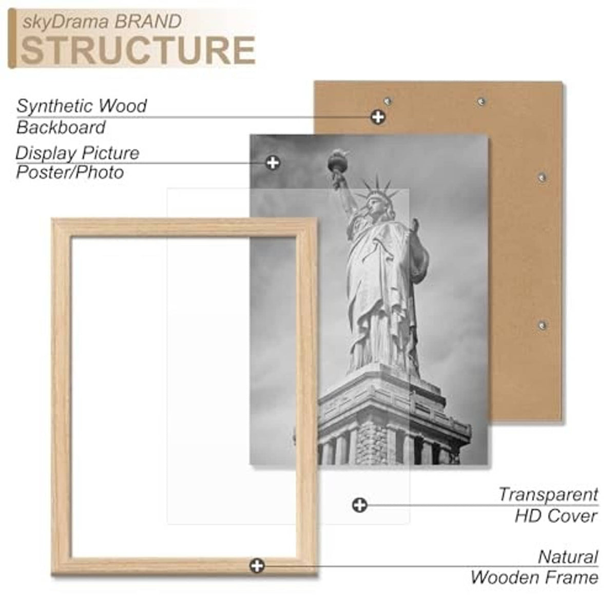 Natural wood picture frame with backing board and transparent HD protective cover