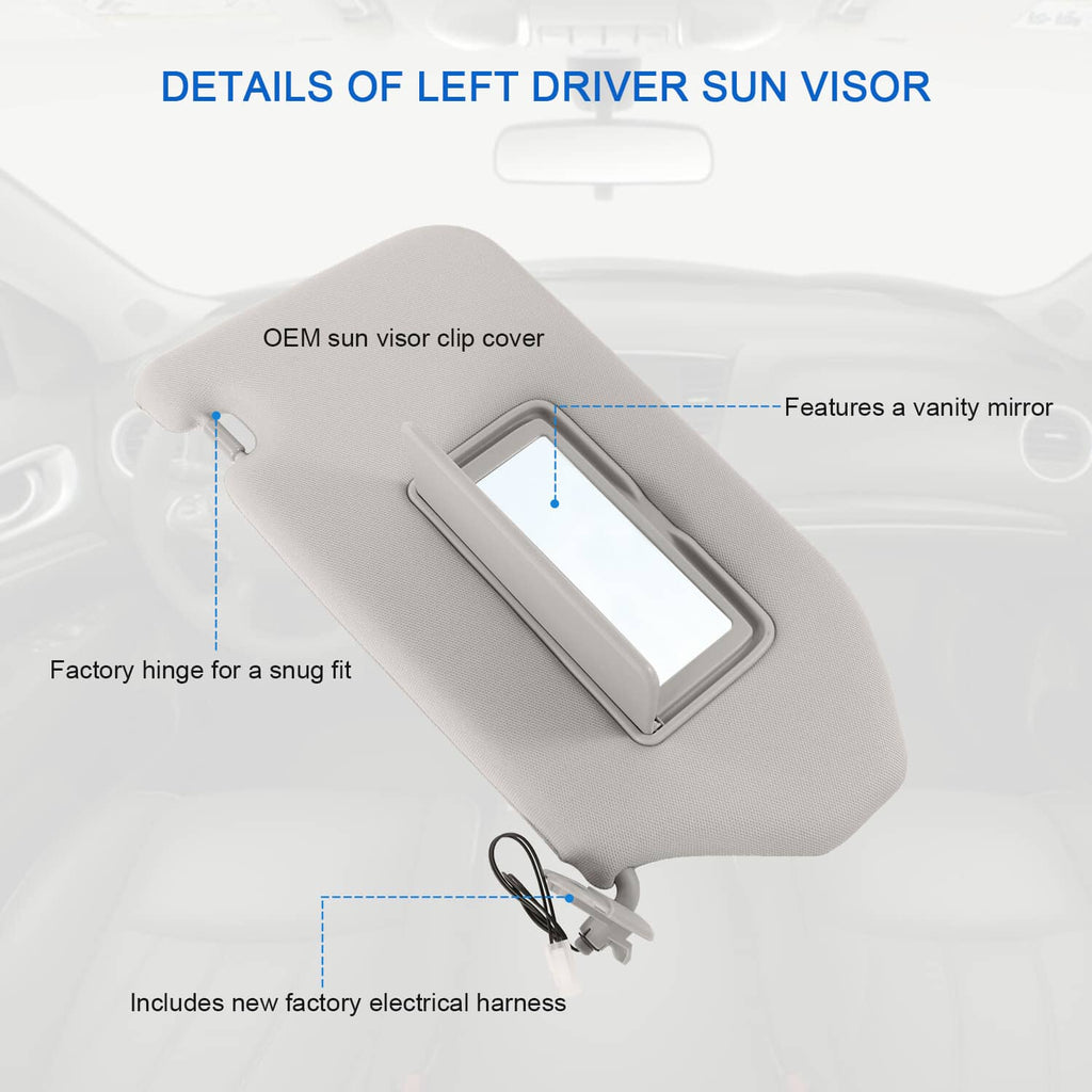 Light gray left driver sun visor with vanity mirror cutout