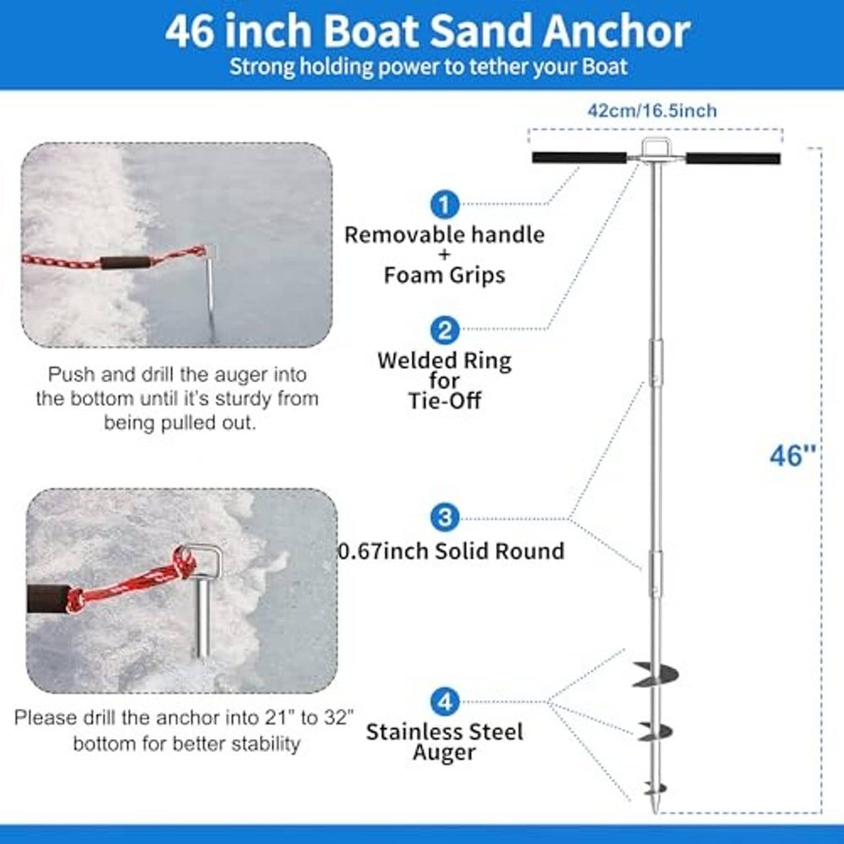 46-inch boat sand anchor with welded tie-off ring and spiral auger segments