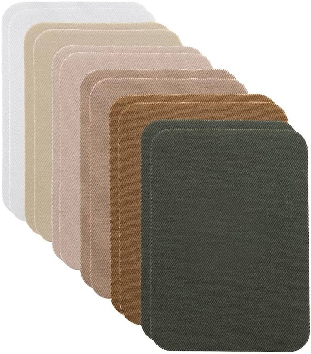 Layered square iron-on patches in khaki, beige, and dark green