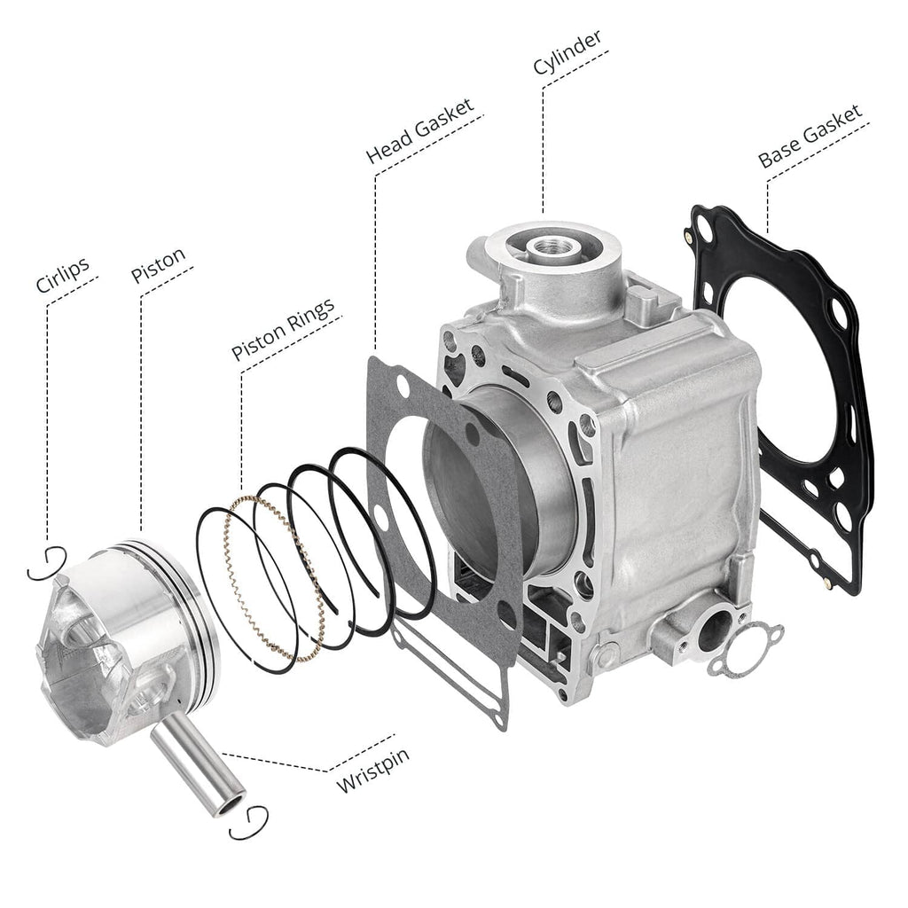 Labeled diagram of cylinder head rebuild components: piston, rings, gaskets