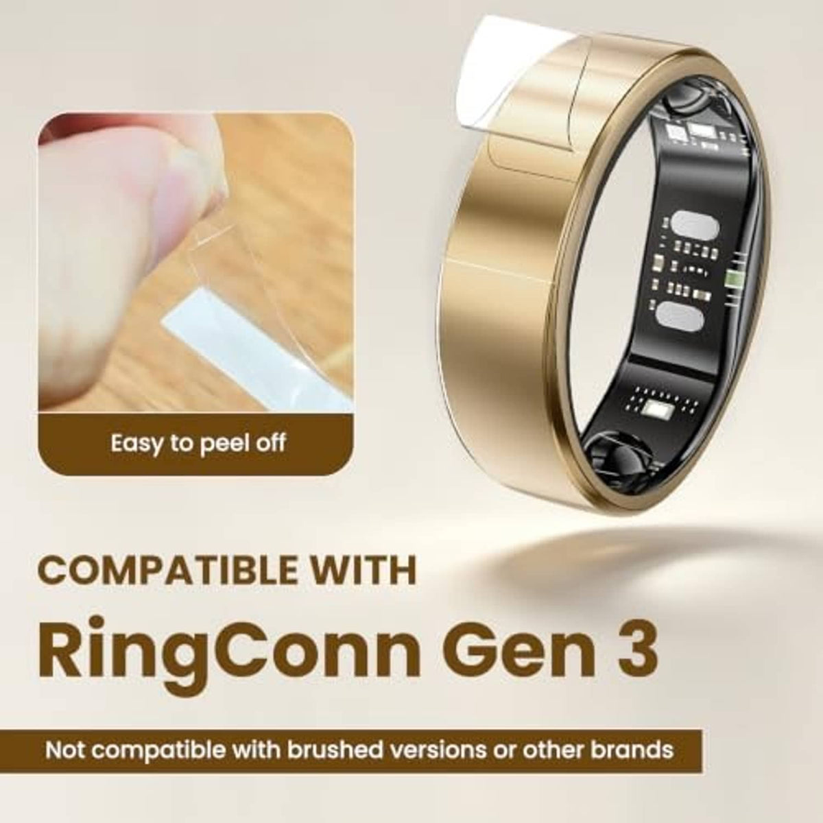 Ultra-thin transparent ring protector film applied to smart ring, peel-and-stick tab