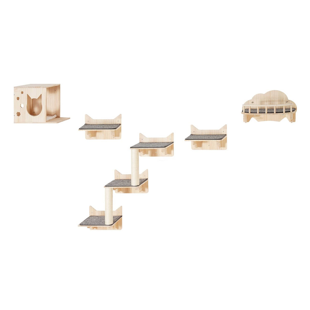 Set of 5 wall-mounted cat shelves in natural wood with enclosed cat house and scratching post