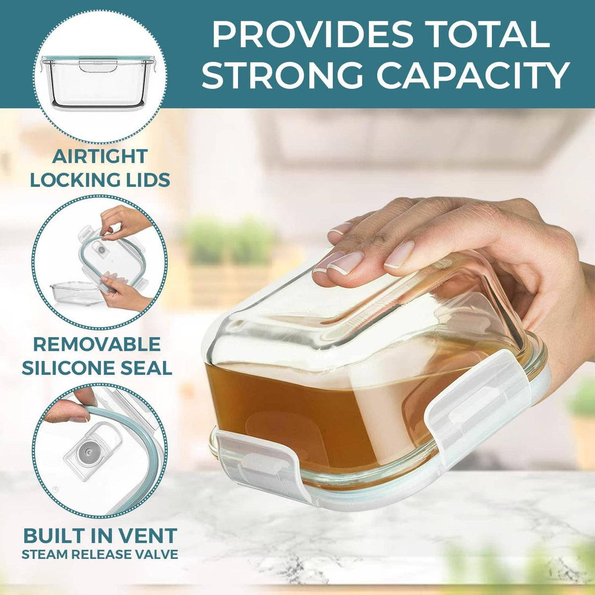 Airtight glass food storage containers with locking lids, silicone seal, and steam vent