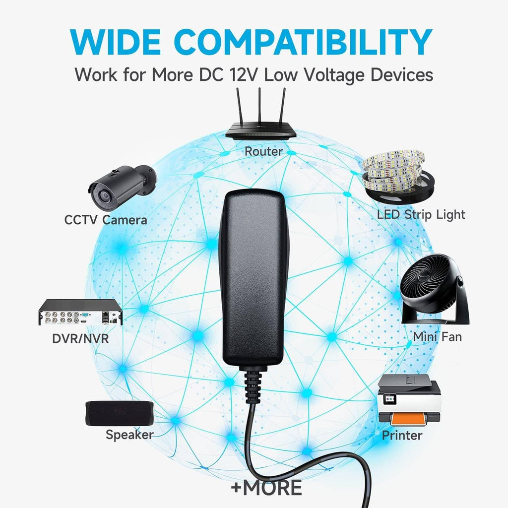 Black 12V power adapter with DC cable and barrel plug connected to devices