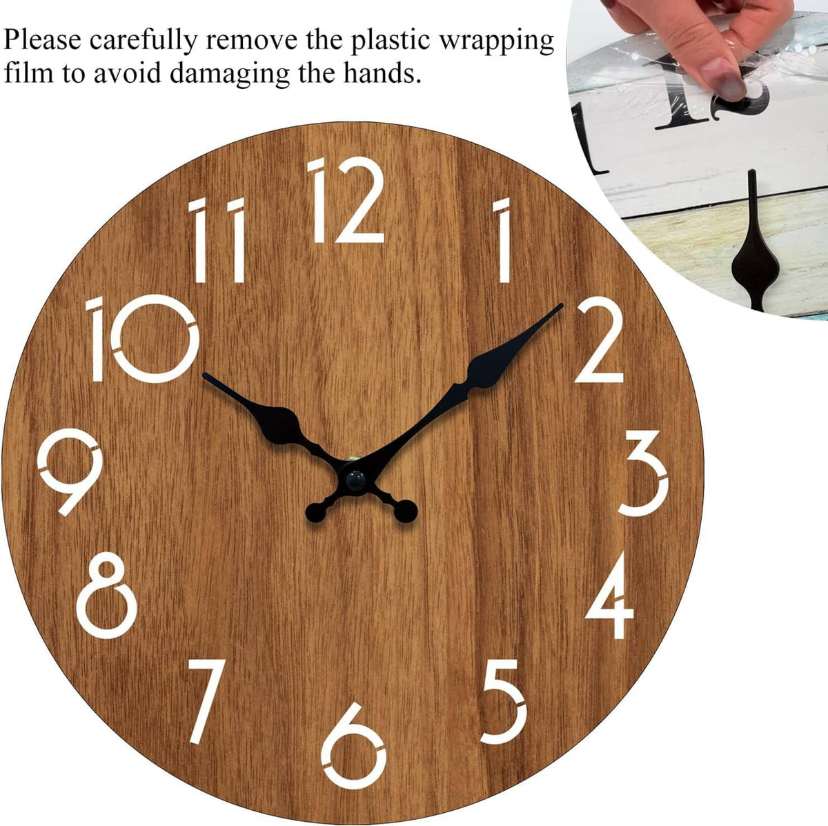 Close-up round wooden wall clock face with white numbers, black hour/minute hands