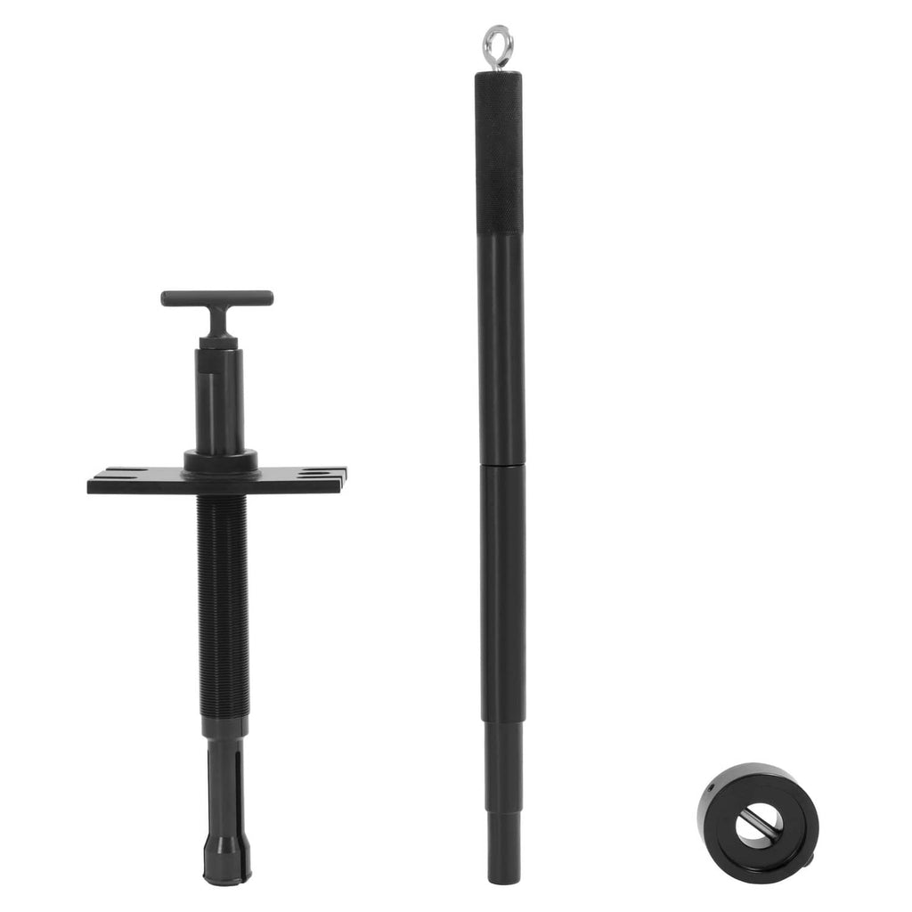 Black gimbal bearing puller and alignment tool with base plate, center shaft, and nut