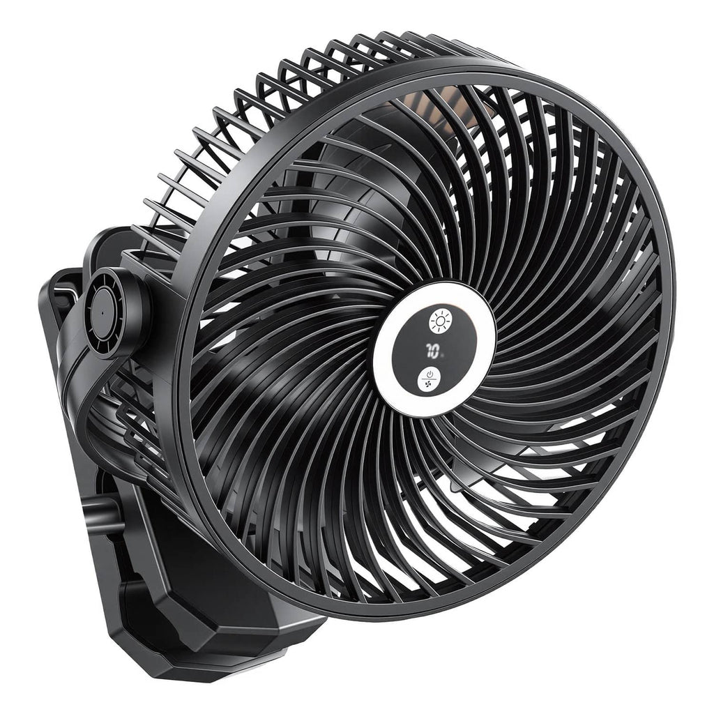 Black clip fan front close-up with round grille and adjustable clamp base