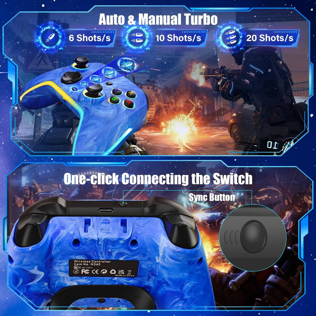 Blue Switch controller with turbo button and ergonomic controller grips