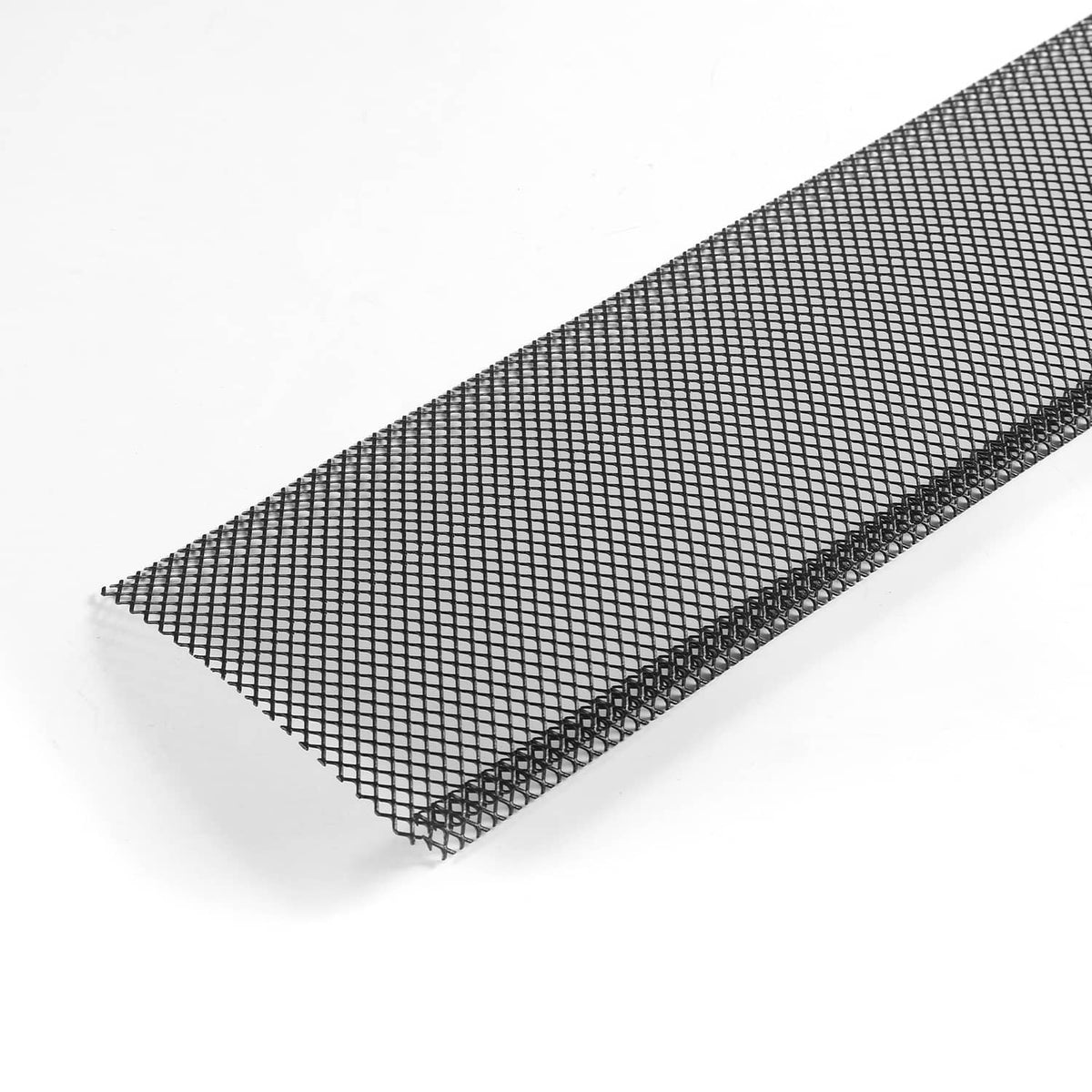 Close-up of black gutter guard mesh with fine square openings