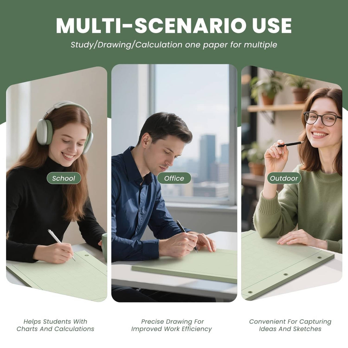 Green engineering graph paper pad used for studying and writing on a desk