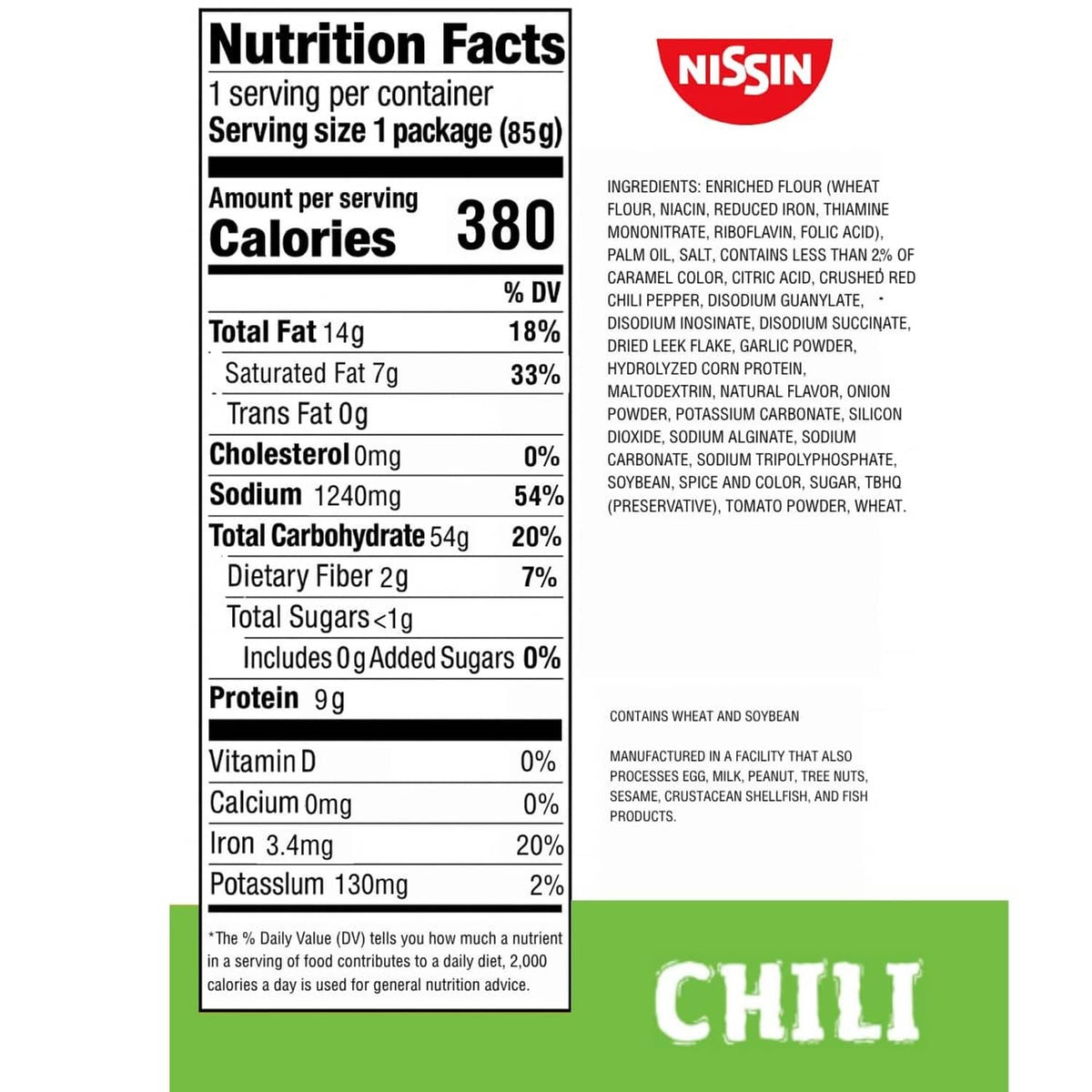 Top Ramen Chili nutrition facts label with ingredient and calorie information