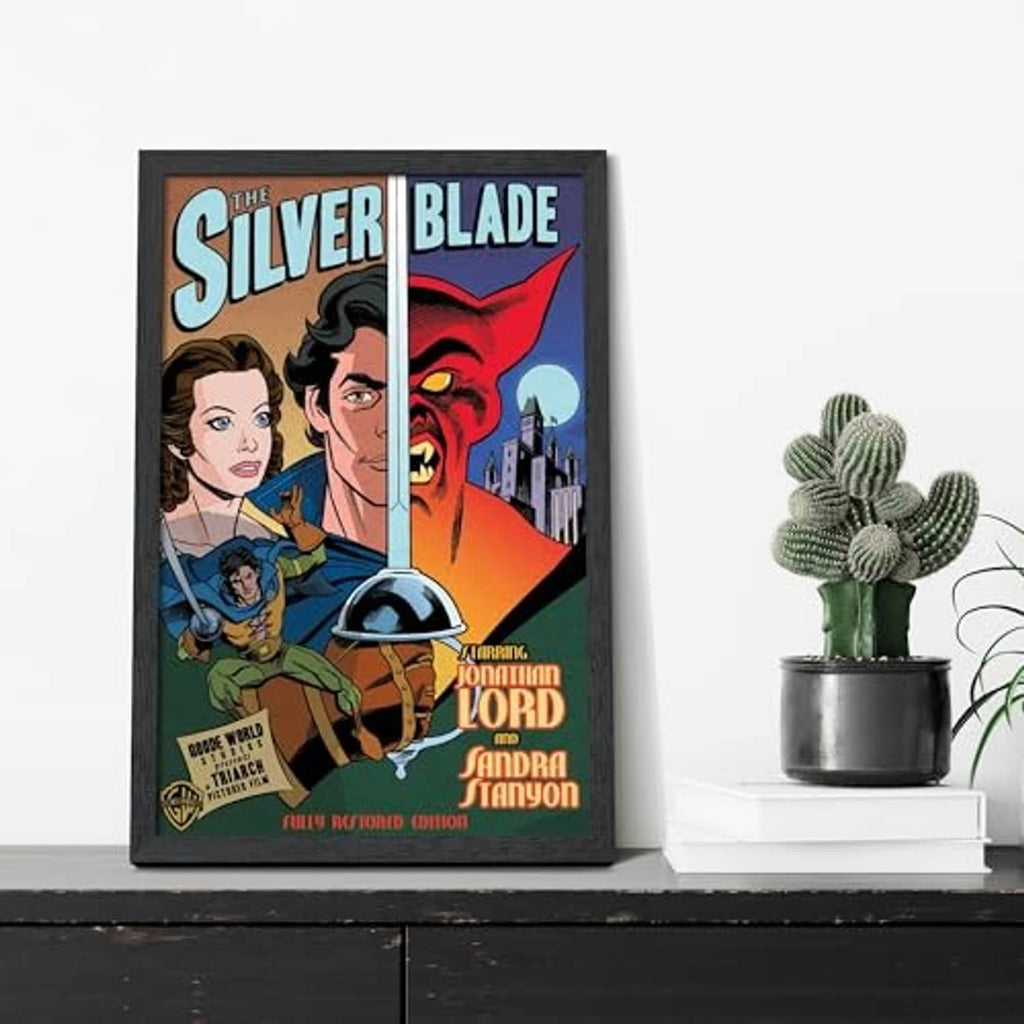 Black photo frame displaying a colorful poster print, wall display.