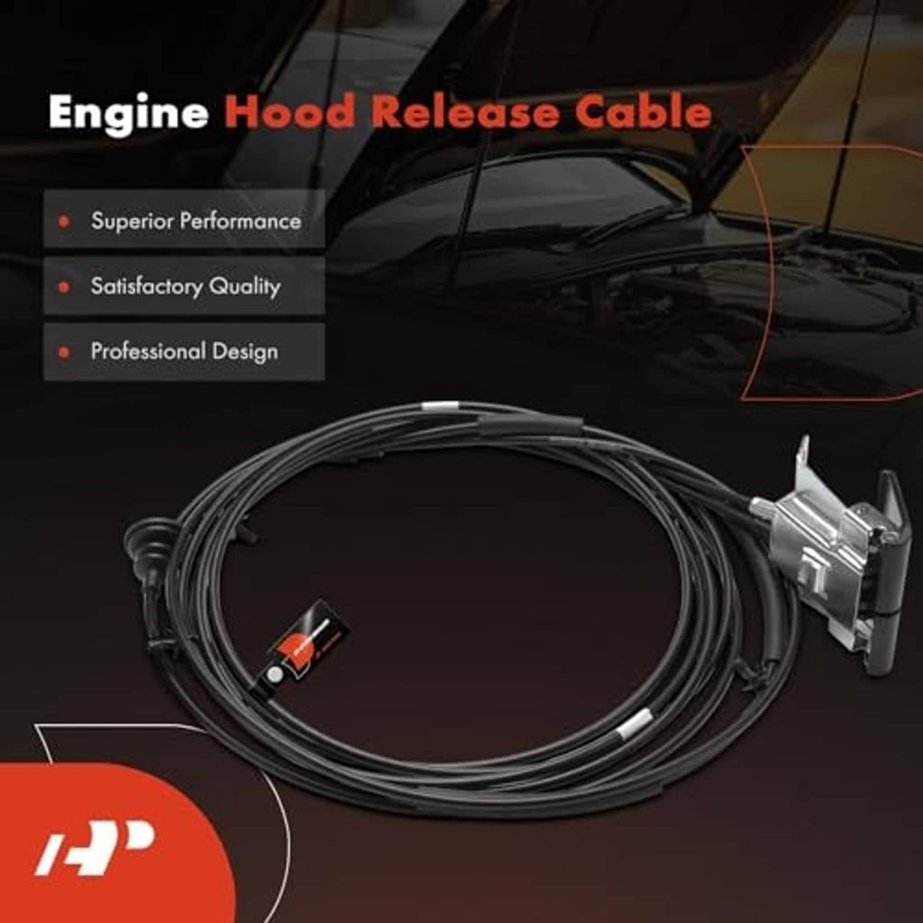 Engine hood release cable with coiled black cable and silver mounting bracket
